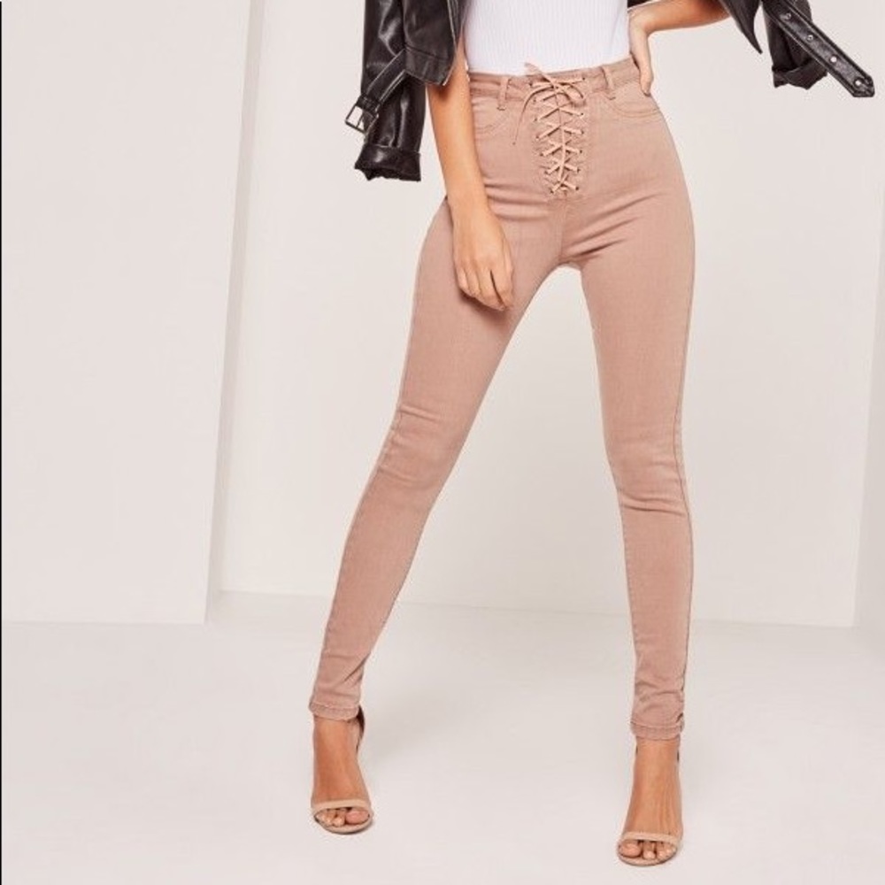 NWT camel high rise lace up skinny jeans